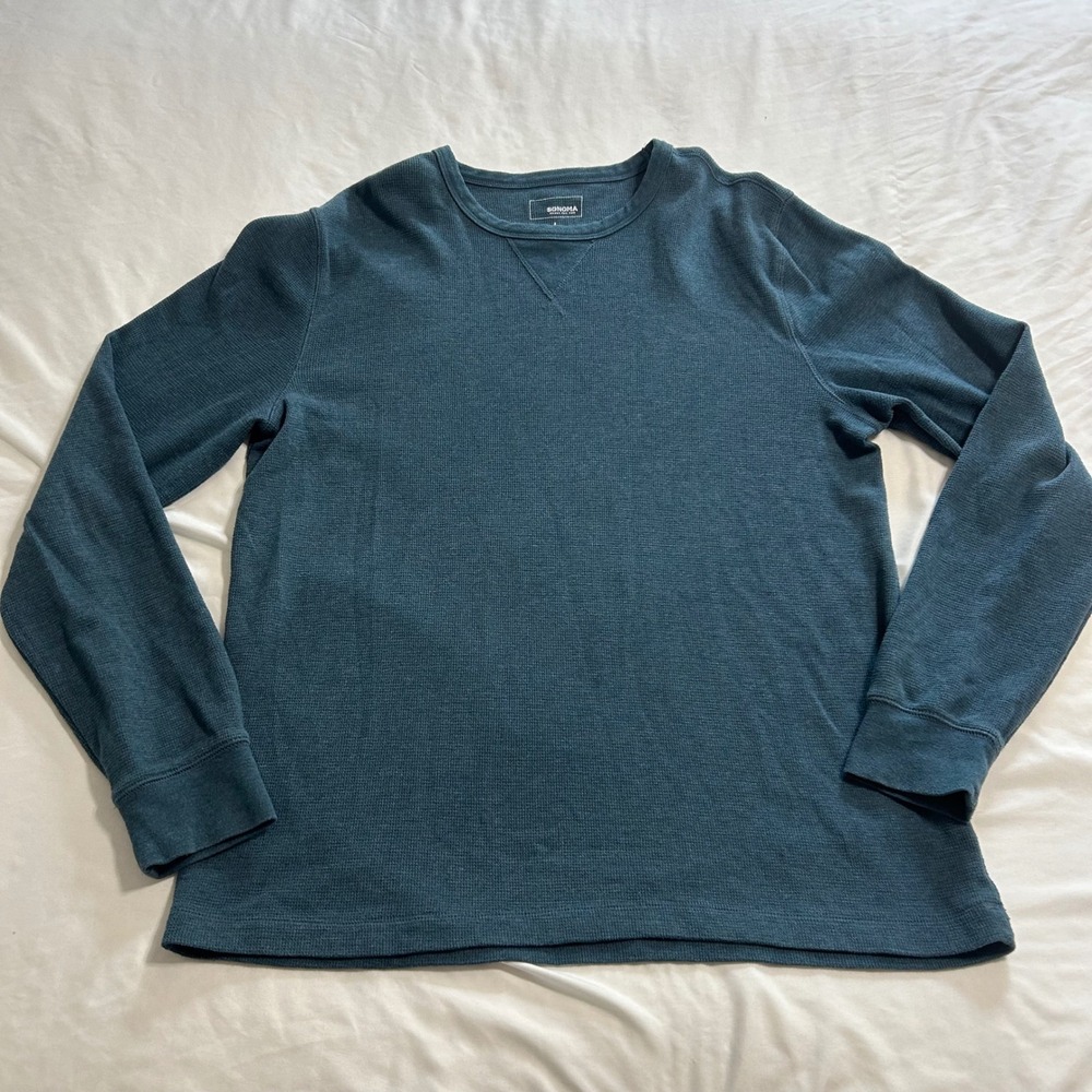Sonoma Goods For Life Mens Waffle Knit Thermal Shirt Teal Blue Long Sleeve L